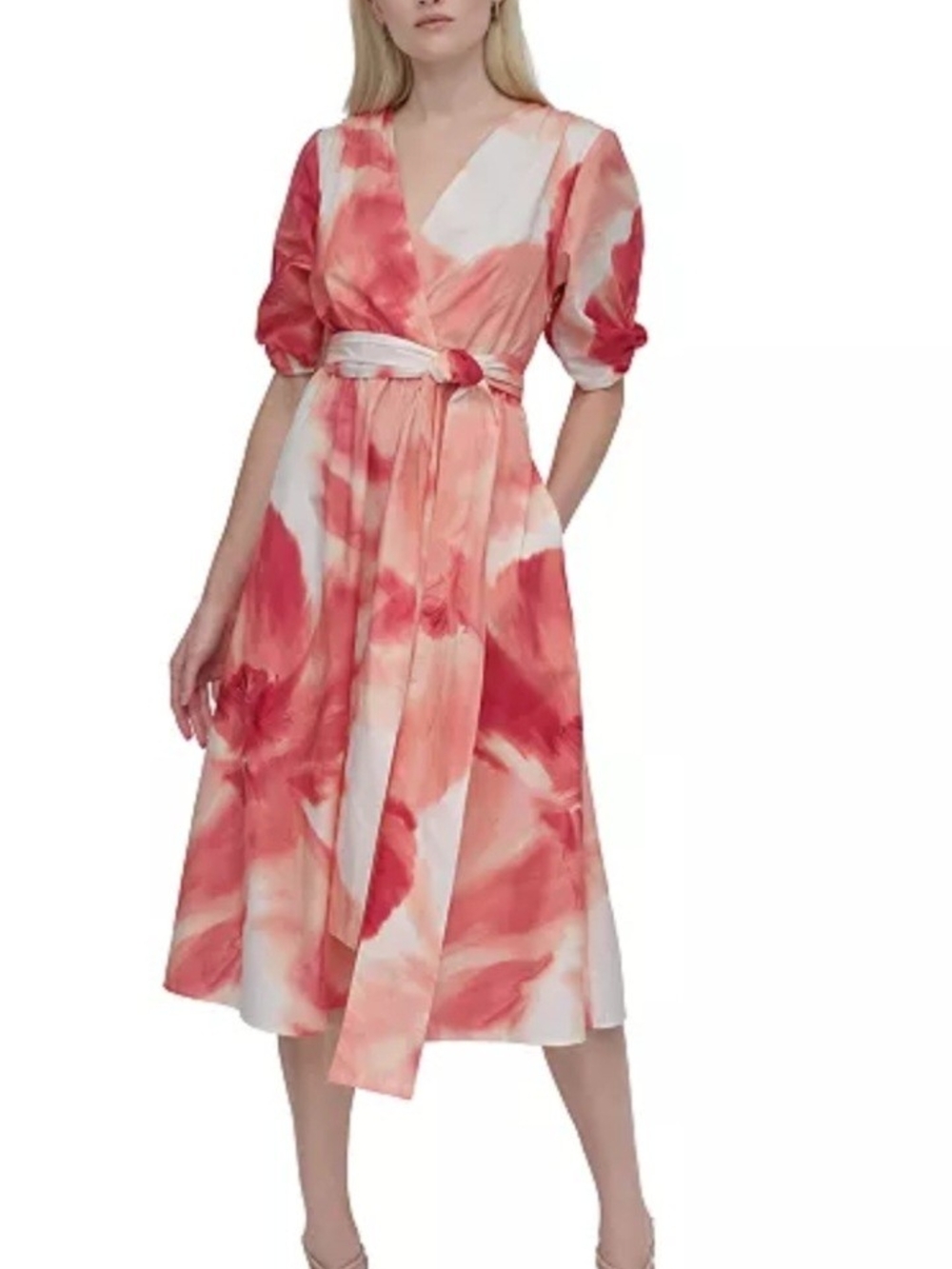 DKNY Coral and White Wrap Midi Dress